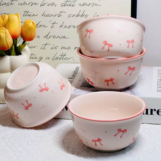 Pink and blue bow ceramic bowl home eating bowl ins high-looking underglaze color tableware dessert bowl soup bowl noodle bowl 1 bow 4.5-inch bowl