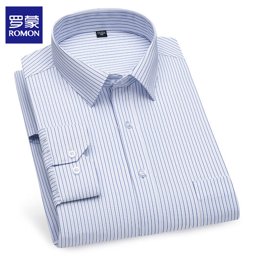 Romon long-sleeved shirt for men business professional casual inch shirt middle-aged and elderly loose striped plaid pure white shirt 6636 blue triangle 38