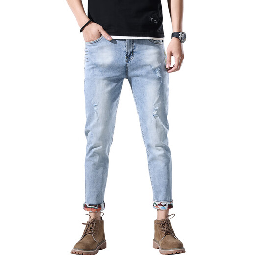 Jeep Spirit Jeep printemps et été brodé jean imprimé pantalon pour hommes slim pieds petits pieds personnalité décontractée mode tombant les jambes larges 869 bleu clair 32 [adapté au poids 140-149jin [Jin est égal à 0,5 kg]]]