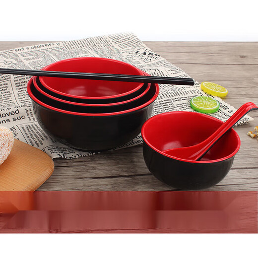 Bol à soupe à la métamine, bol rouge noir en porcelaine, bol de nouilles, bol de nouilles chaudes et aigres, bol malatang, bol en plastique en plastique, bol de style coréen, 5009 rouge noir (10 paquets)