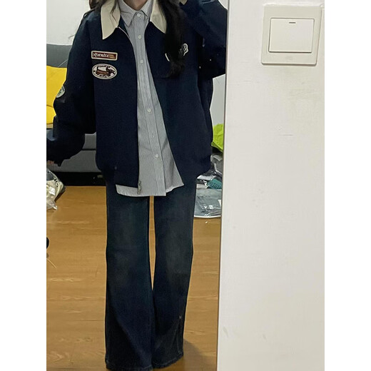 QuMile American Retro Flight Jacket for Men Spring and Autumn Couple Loose Design Baseball Clothes Handsome Lapel Jacket Navy XL