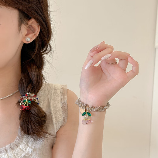 Chimera (CHIMERA) 2 pieces of sweet beaded cherry rubber band ponytail high elastic hair circle ball hair rope headband girl birthday gift