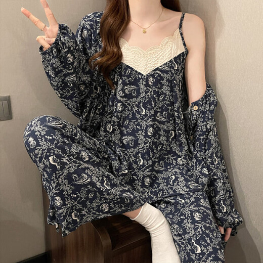 Pure Fengyun Fengyun Duo Cotton Start Pajamas para mujeres Juego de ropa para el hogar de la manga larga de tres piezas de tres piezas F9928# M Recomendado 80-100