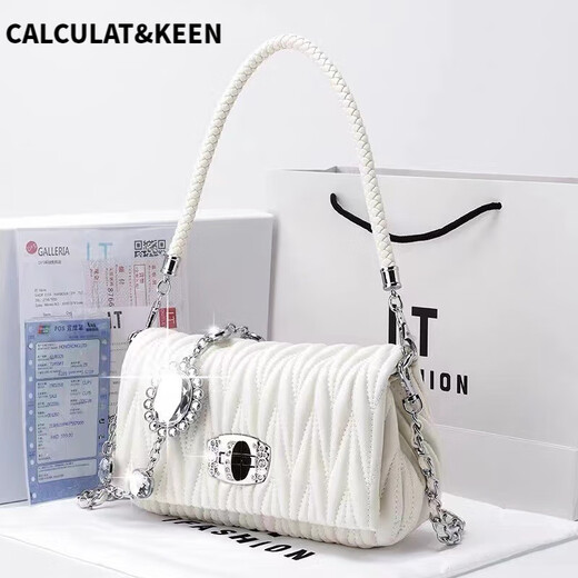 CALCULAT/KEEN Bag Women's 2025 New Fashionable and Versatile Soft Leather Fairy Bag Rhinestone Chain Bag Shoulder Crossbody Handle Wrinkle Bag White