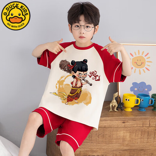 G.DUCKKIDS儿童哪吒睡衣夏季纯棉薄款短袖短裤卡通男孩宝宝夏天中大童家居服 T694哪吒 170 16码  高133-143CM