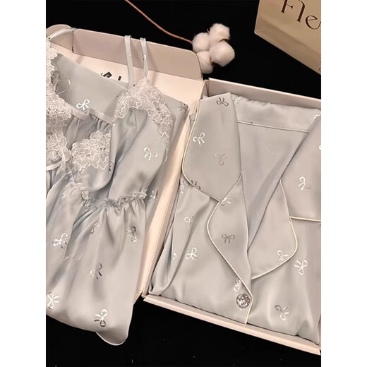 
Miao Dai 2025 summer ice ribbon chest pad pajamas for women four-piece set lace bow embroidered sexy sweet home clothes blue [with chest pad] suspenders + shorts M (160)
