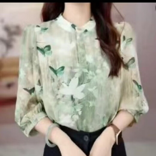 Simple high-end spring and summer new fashionable printed stand collar long-sleeved top for women's temperament mother outfit casual and age-reducing 695 landscape (Beautiful) One size S (recommended 80-105Jin [Jin equals 0.5 kg])