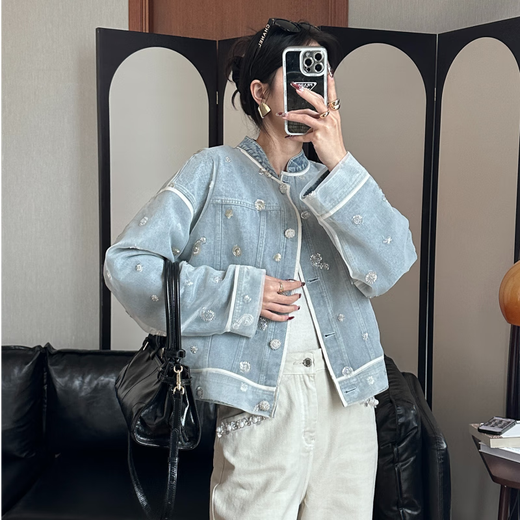 ME HOME YANG【钉珠纱牛仔】柔雾朦胧做旧水洗牛仔百搭遮肉显瘦外套 纱蓝 S (36) 80-100