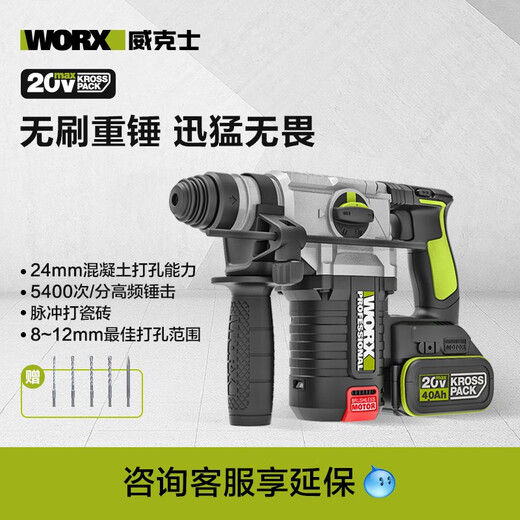 威克士（WORX）威克士20V锂电无刷电锤WU388充电式大功率工业级多功能冲击钻电镐 WU3884.0双电+闪充