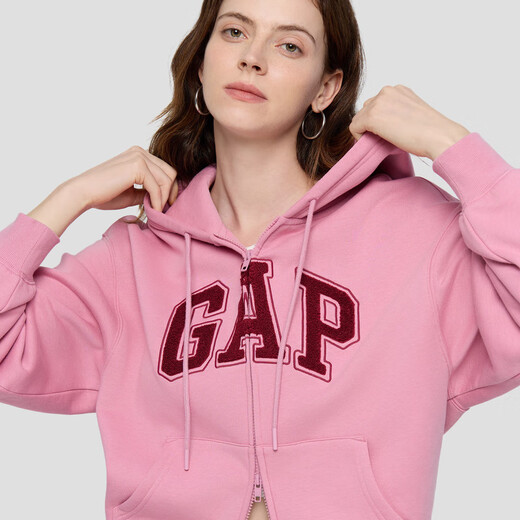 Gap Women's 2025 Autumn New Towel Embroidered Logo Fleece Loose Zipper Hooded Sweatshirt Jacket 829621