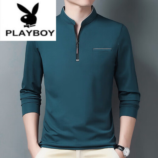 Playboy (PLAYBOY) pure cotton long-sleeved T-shirt men's casual thin T-shirt top summer spring autumn winter middle-aged men's stand-up collar bottoming long-sleeved 6625 green thin section L 170 recommended 120-140 Jin Jin equals 0.5 kg