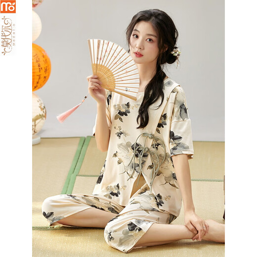 Modal Pyjamas für Frauen im Sommer 2025 Neue chinesische Kurzärmer-Anzug chinesische Stil-Kumpelhose können außen mit dünnem Stil Casual Y9902 m getragen werden (empfohlen 75-95jin [Jin entspricht 0,5 kg])