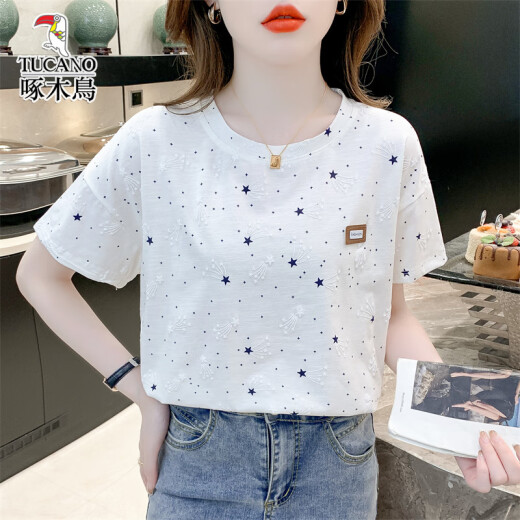啄木鸟纯棉宽松印花T恤女潮夏装新款百搭体恤上衣 1396白色+2503大字母 2XL 适合135-150斤