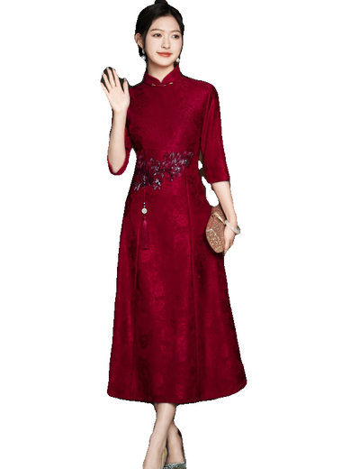 学子言新郎结婚妈妈喜婆婆礼服婚宴装旗袍新款新款结婚五一喜婚宴礼服 酒红色FZL7027 M 均码