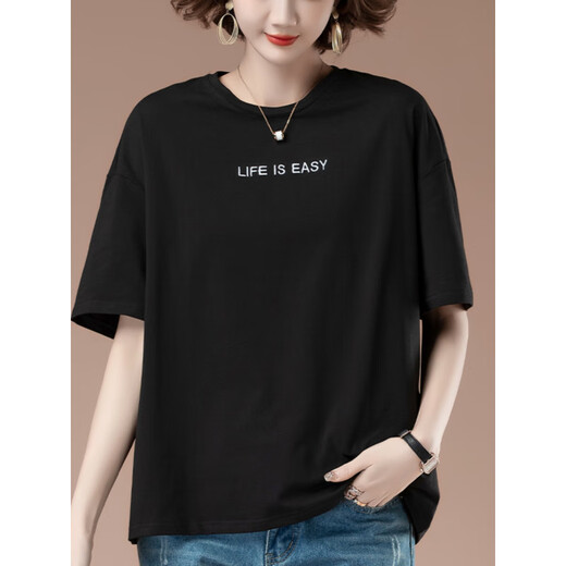 Beiyao 50-jährige Frauen kurzärmeliges T-Shirt Pure Cotton plus Fett Plus Size Summer Lose Sticked Mutter im mittleren Alter Casual Top 9889 Black XL 115-130jin [Jin entspricht 0,5 kg]