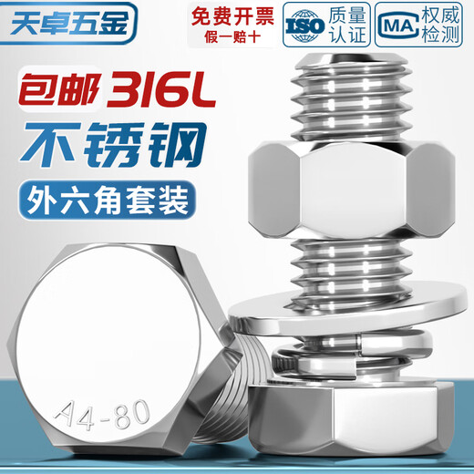 Tianzhuo Hardware 316L stainless steel external hexagonal bolts, screws and nuts set complete flat spring washer combination M6-M20 M16*70-1 set