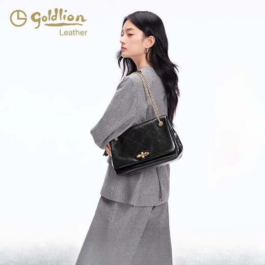 金利来（Goldlion）女包2025新款时尚轻奢质感大容量单肩包软皮牛皮潮流斜挎包 黑色