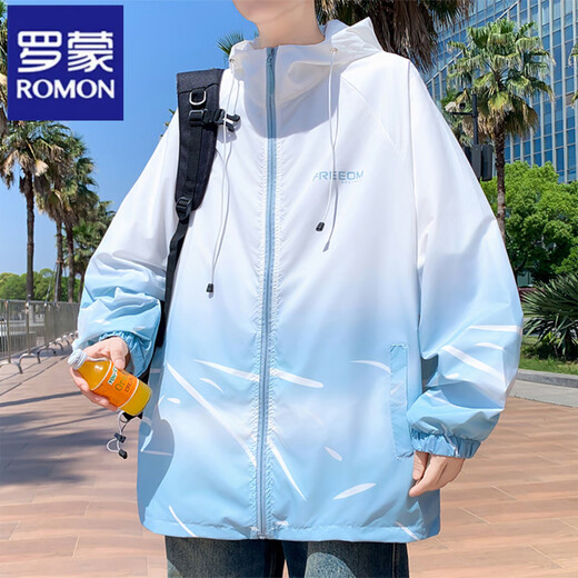 Ropa de protección solar con capucha de Romon para hombres 2025 Nuevo gradiente Ligera de verano Adolescente estudiante Estudiante Estudia de protección para solar ropa 6623 verde M alrededor de 90-100 Jin [Jin equivale a 0.5 kg] se puede usar