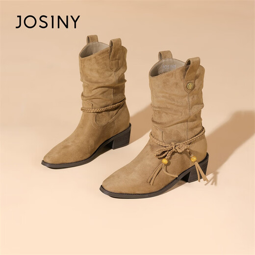 
Zhuoshini short boots for women 2025 autumn new retro beaded Maillard western cowboy boots pointed toe fold pile boots single boots Camel color - single 37
