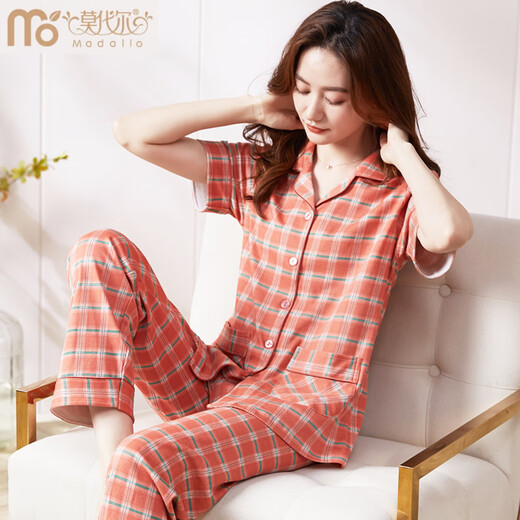 Pyjamas de coton pur modal Pure pour femmes pantalons à manches courtes minces 2025 Nouveau coton à carreaux Summer Mère Vêtements à domicile A9922 M Suggestion-80-95Jin [Jin est égal à 0,5 kg]