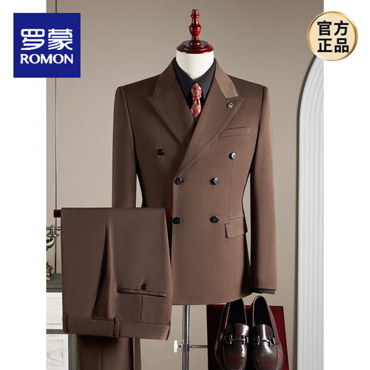 ROMON double-breasted wool suit men's suit business formal high-quality slim large size groom's wedding suit three-piece brown brown single-piece suit M (95-110Jin Jin equals 0.5 kg)