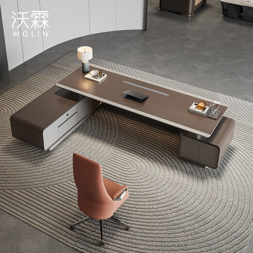 Wolin E0-level high-end boss table, president's table, light luxury modern office desk, office table and chair combination executive table, 2.8-meter table left side cabinet