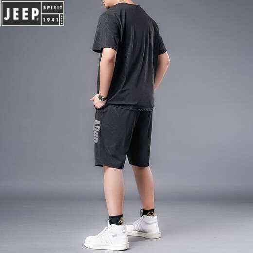JEEP SPIRIT large-size ice silk sportswear suit for men in summer fat man plus fat plus larger quick-drying shorts shorts short sleeves T-shirt casual men's clothing black 826 set 2XL Recommended 140-160Jin [Jin equals 0.5 kg]