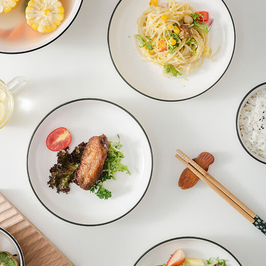 Yamada vertical pattern series household beautiful ceramic tableware rice bowl dish plate ceramic tableware set American vertical pattern 8-piece set (2 bowls, 2 plates, 2 chopsticks, 2 spoons)