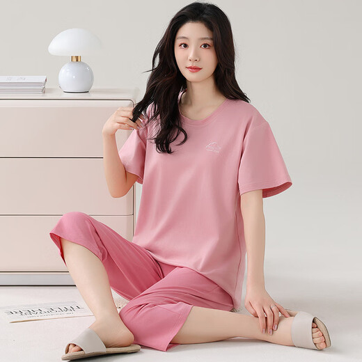 雅鹿莫代尔睡衣女夏加肥加大码短袖七分裤夏天薄款宽松套头家居服套装 XP-7027 M
