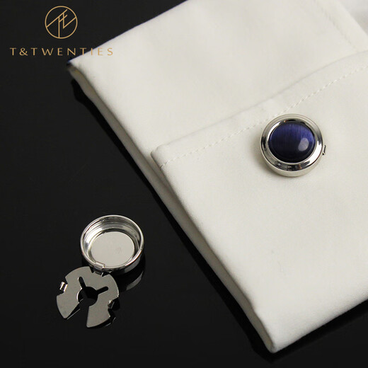 T&Twenties简约免打孔袖扣男士西装衬衫纽扣法式男西服衬衣袖口装饰扣女袖钉 KT002_深海蓝猫眼石&金色镶边-1