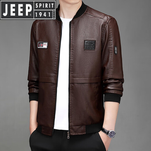 JEEP SPIRIT Jeep Leather Motorcycle Jacket Men's 2026 Spring and Autumn Baseball Collar Windproof Jacket Handsome Slim Clothes Black XL