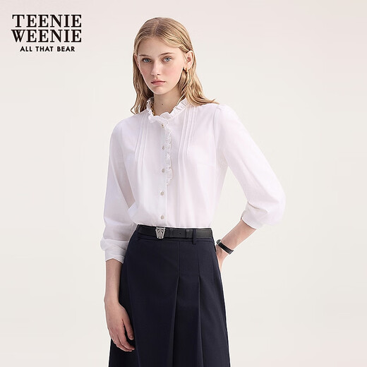 Teenie Weenie Bear Women's Shirt 2025 Autumn New Simple Elegant Girly Fungus Collar Shirt Ivory White S