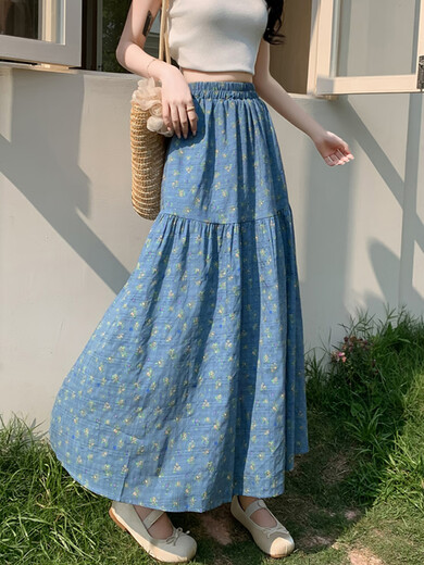 蓝色碎花半身裙女夏季2025新款高腰显瘦a字裙设计感小众遮胯长裙 9196黑色 S
