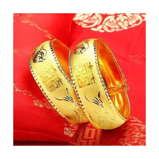 MHFDO Old Phoenix 999 Sand Gold Wedding Bride Wedding Dragon and Phoenix Bracelet Wedding Three Gold Jewelry Set Simulation Gold Fake No. 6 Dragon and Phoenix Double Happiness 25mm Pair of Lao Fengxiang Quality