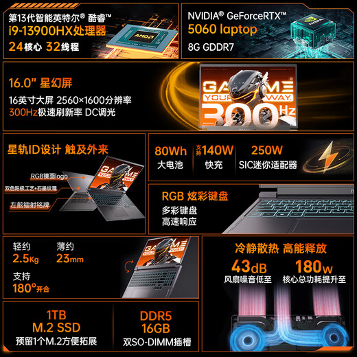 Mechanic Sugon 16S Intel Core i9-13900HX RTX5060 independent graphics 2.5K 300Hz design AI programming office e-sports game notebook college student laptop 5060|24 core i9HX 16G memory/1TB solid state