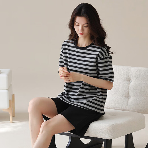 The same style as Pang Donglai DL 2025 pajamas for women in summer short-sleeved shorts for black stripes can be worn on the outside for simple home YZT9859_Set 2XL_Suggested 135-150Jin[Jin equals 0.5 kg]