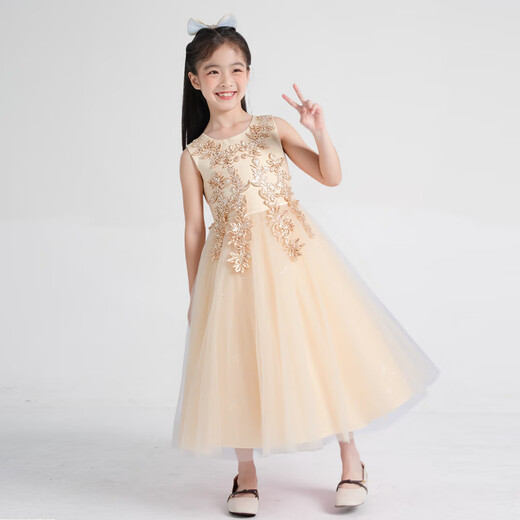 Carrot Beibei Children's Princess Dress Puffy Mesh Dress Skirt Girls Long Wedding Dress Piano Performance Costume Champagne 170