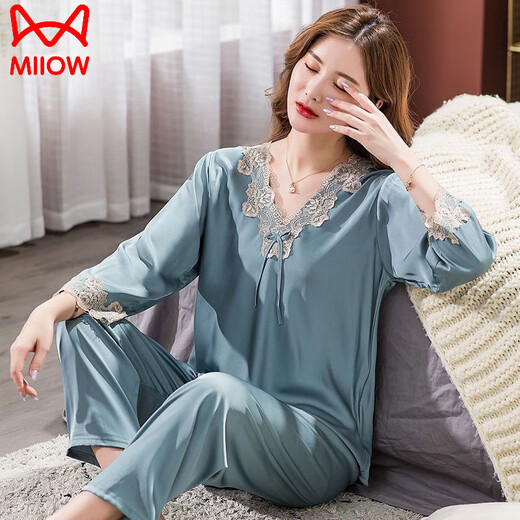 Catman Großgröße Pyjamas für Frauen im Sommer dünne lange Ärmel Lange Hosen koreanische Eisseide Pyjamas Zweiköpfige sexy Heimkleidung Langarm 9856 mittelrosa Abdeckung M [70-100jin [Jin gleich 0,5 kg]]