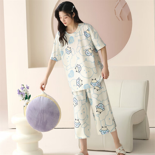 ZHIDOUDOU pajamas for women in summer 2025 new short-sleeved cropped pants set for spring and summer thin women can short-sleeved cropped pants-679 M Recommended 80-100Jin [Jin equals 0.5 kg]