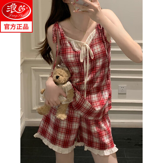 浪莎红色格子带胸垫吊带睡衣女生2025夏季新款韩系甜美家居服套装外穿 R838黑色樱桃带胸垫 M