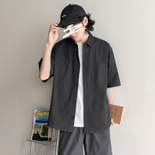 Homlean Japanese solid color short-sleeved shirt T-shirt men's spring and summer loose casual and versatile breathable clothes LS01 white XL
