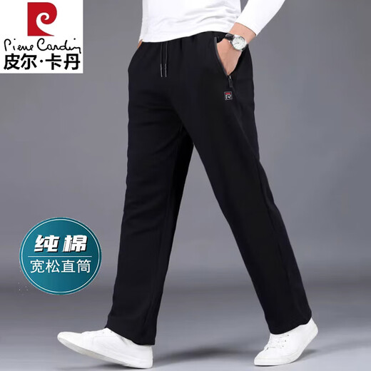 皮尔卡丹（pierre cardin）纯棉运动裤男秋冬季加绒加厚男士休闲裤宽松大码卫裤中年爸爸裤子 Z9928【夏季薄.款】黑色 XL