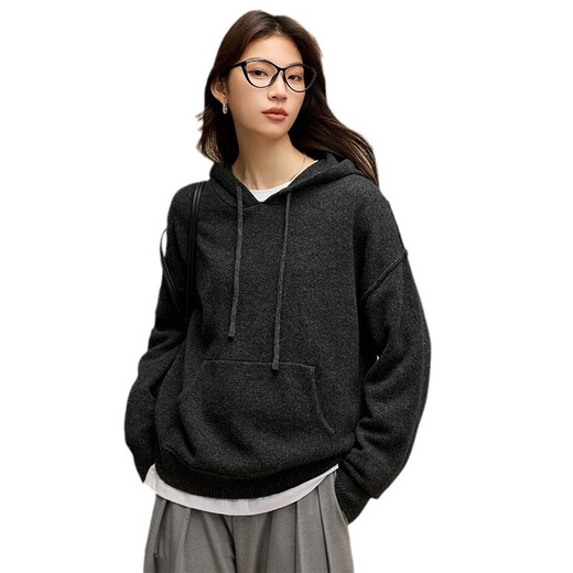 罗蒙（ROMON）针织衫女松弛感羊毛抽绳连帽卫衣女2025春秋新款宽松套头毛衣叠穿 丰碳灰 均码