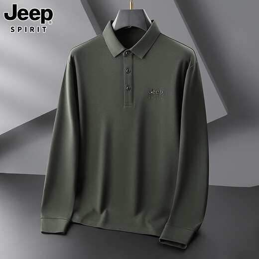 JEEP SPIRIT Jeep men's long-sleeved T-shirt autumn and winter new loose casual lapel T-shirt bottoming POLO shirt men's top Army Green XL