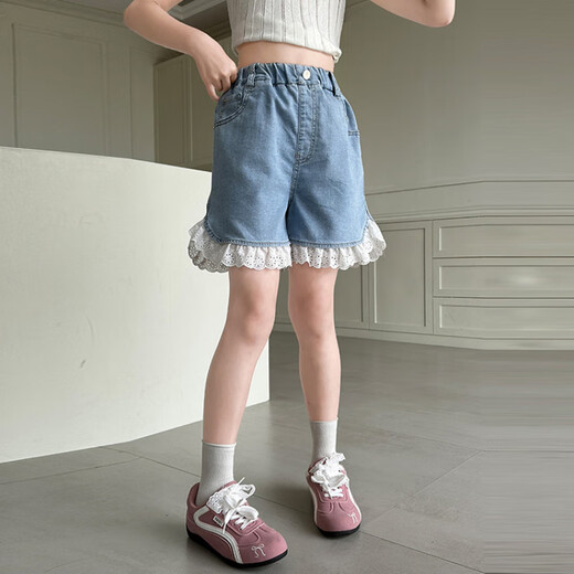 南源北富女童夏季牛仔短裤2025新款蕾丝花边五分裤潮 6624 110 cm