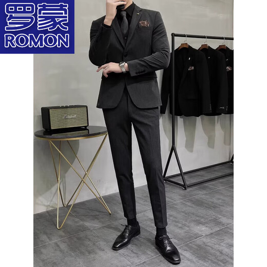 Romon Autumn No-Iron Traje Conjunto de negocios British Business Casual Rear Workwear Slim Groom Groom de boda un traje gris-medio de hebilla + pantalones, revestimiento negro XL 52