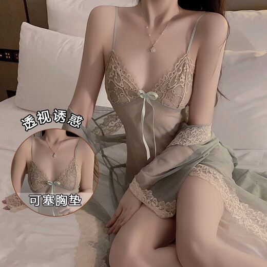性感睡衣制服诱惑免脱小胸大码2025新款套装激情纯欲透视 P3886绿色外袍+腰带 L建议105-120斤