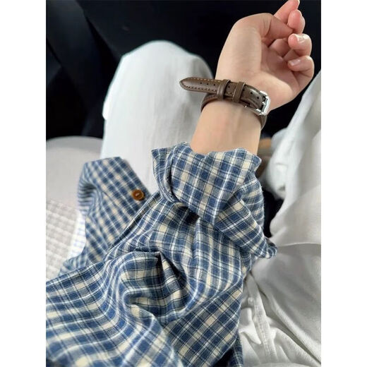 Chemise à plaid bleu rétro veste de protection solaire mince pour les femmes manches longues petites chemises paresseuses printemps et automne haut plaid bleu m