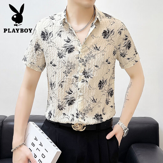 花花公子（PLAYBOY）冰丝修身短袖薄款碎花衬衫男士夏季休闲免烫垂感中袖衬衣时尚男装 BK679黑色 M