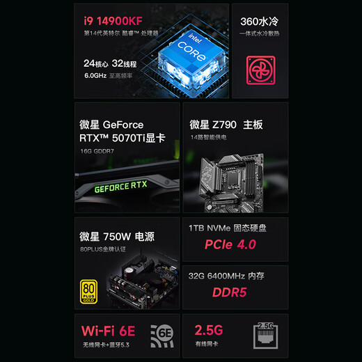 MSI Family Bucket Aegis RS2 14th generation i9 14900KF/RTX5070Ti/32G D5/1T water-cooled e-sports gaming desktop computer host complete machine national subsidy